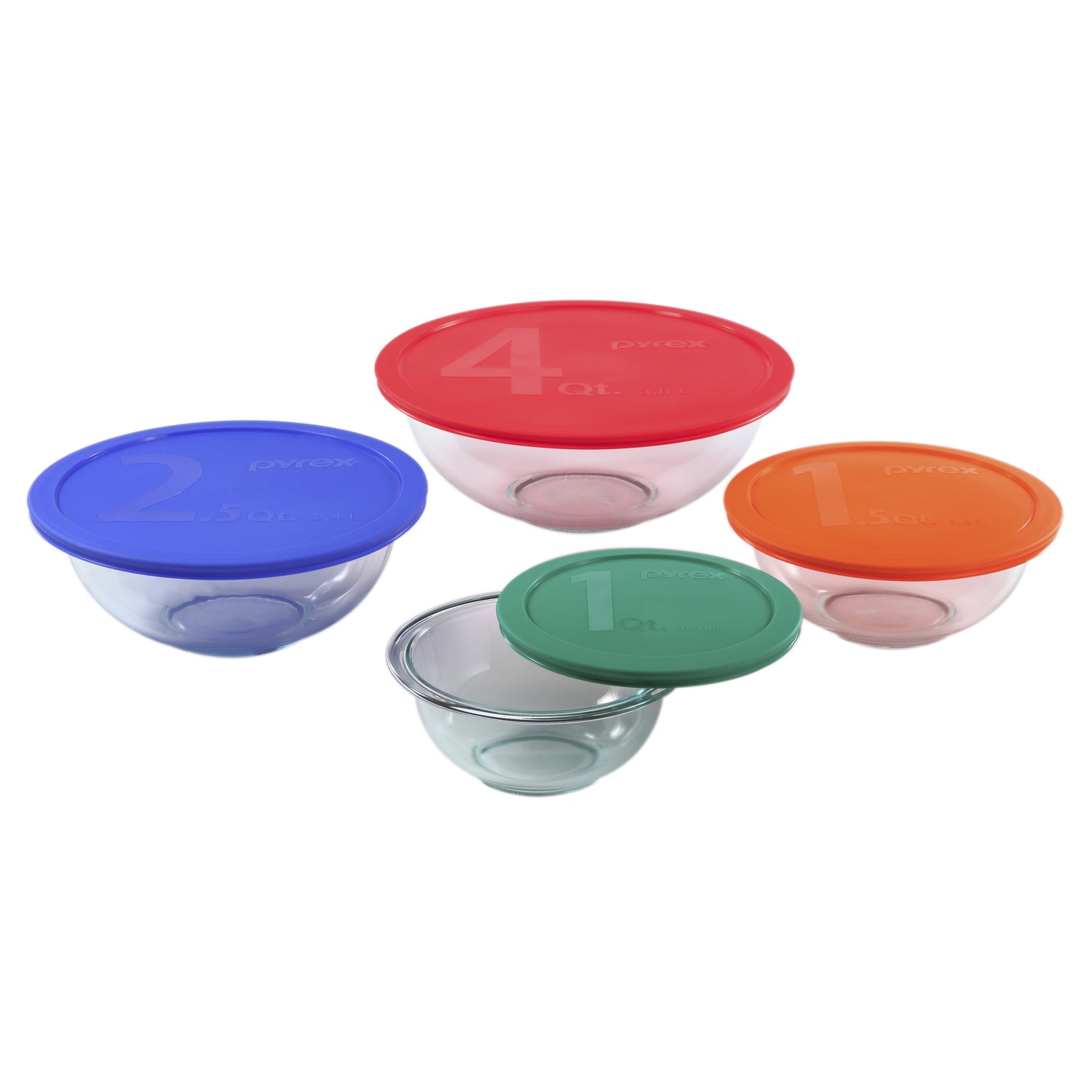 Set of four glass bowls with colorful lids on a white background