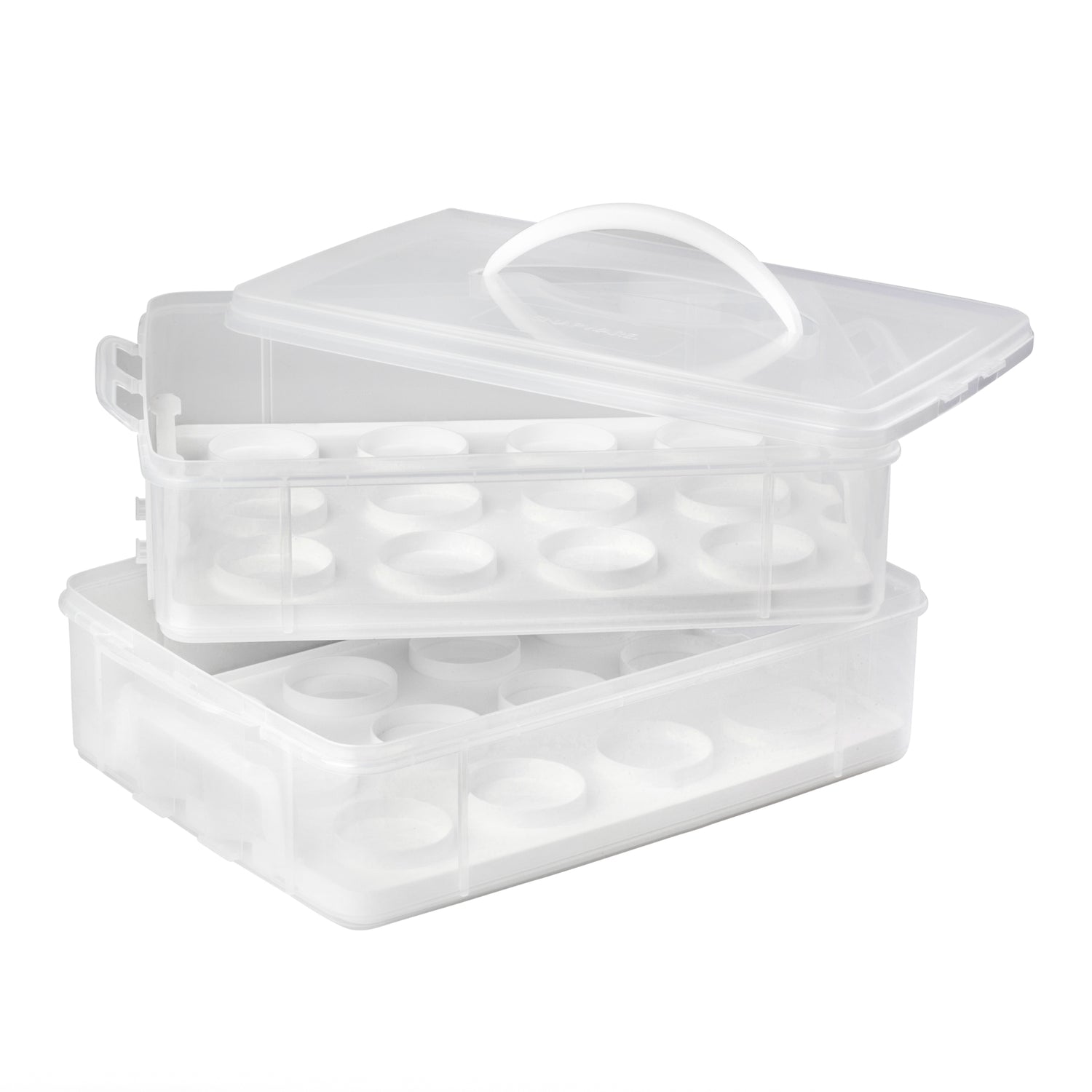 Two clear plastic egg trays with lids on a white background