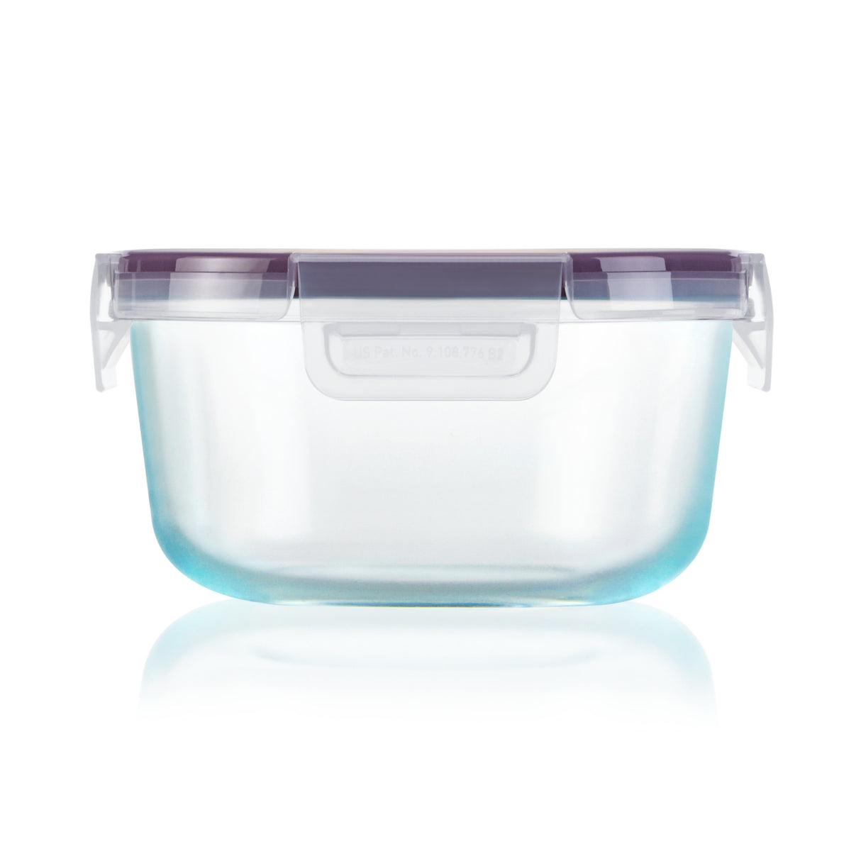 Clear plastic container with a purple lid on a white background