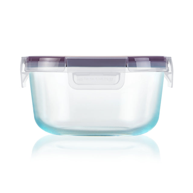 Clear plastic container with a purple lid on a white background