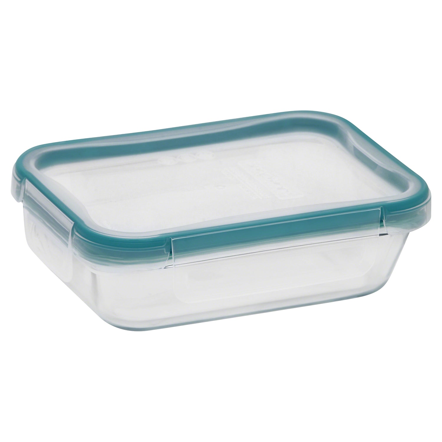 Clear rectangular food container with a teal lid on a white background