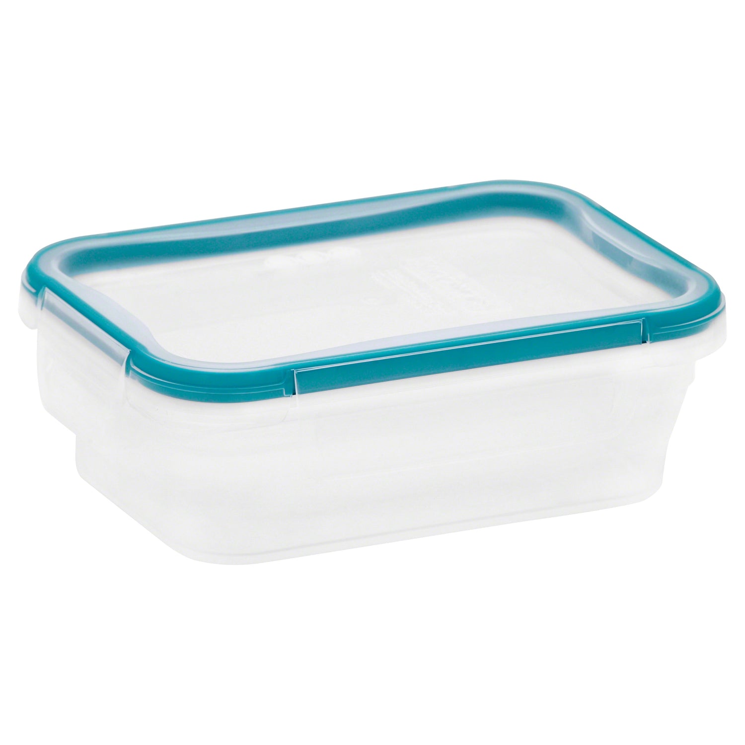 Rectangular food storage container with a blue lid on a white background