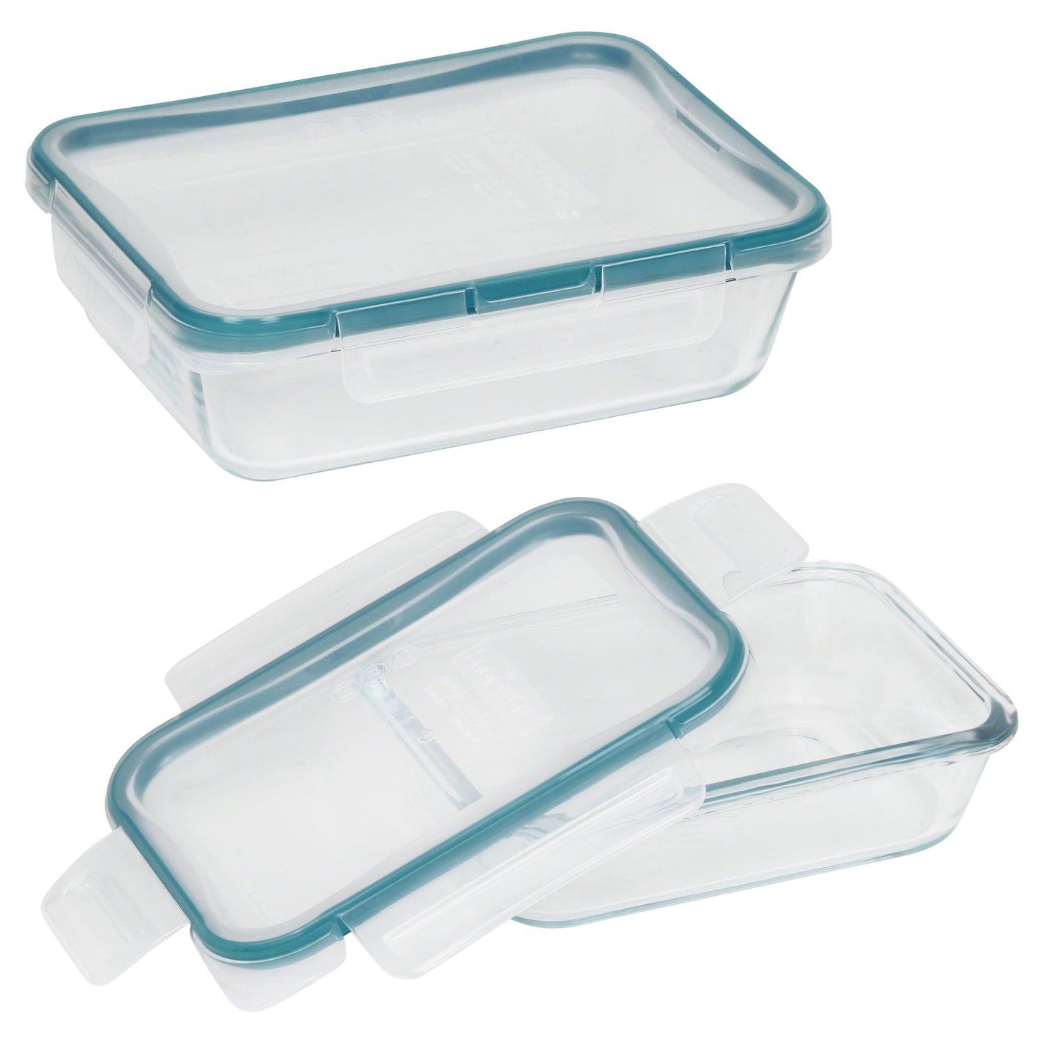 Two clear food storage containers with blue lids on a white background
