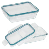 Two clear food storage containers with blue lids on a white background