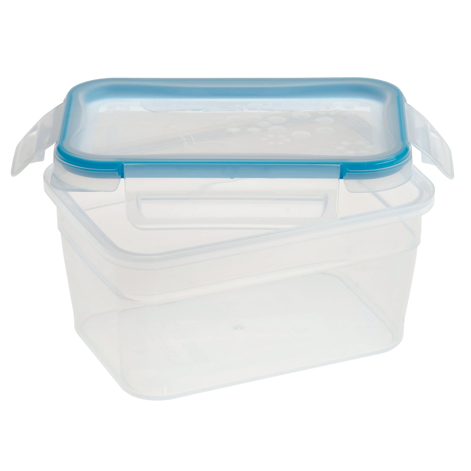 Clear plastic container with blue lid on a white background